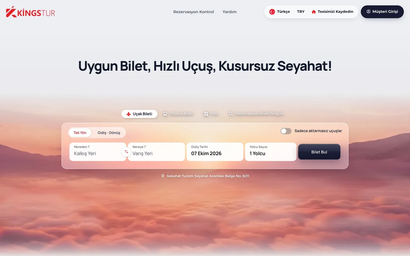 Kingstur rezervasyon platformu ana sayfası